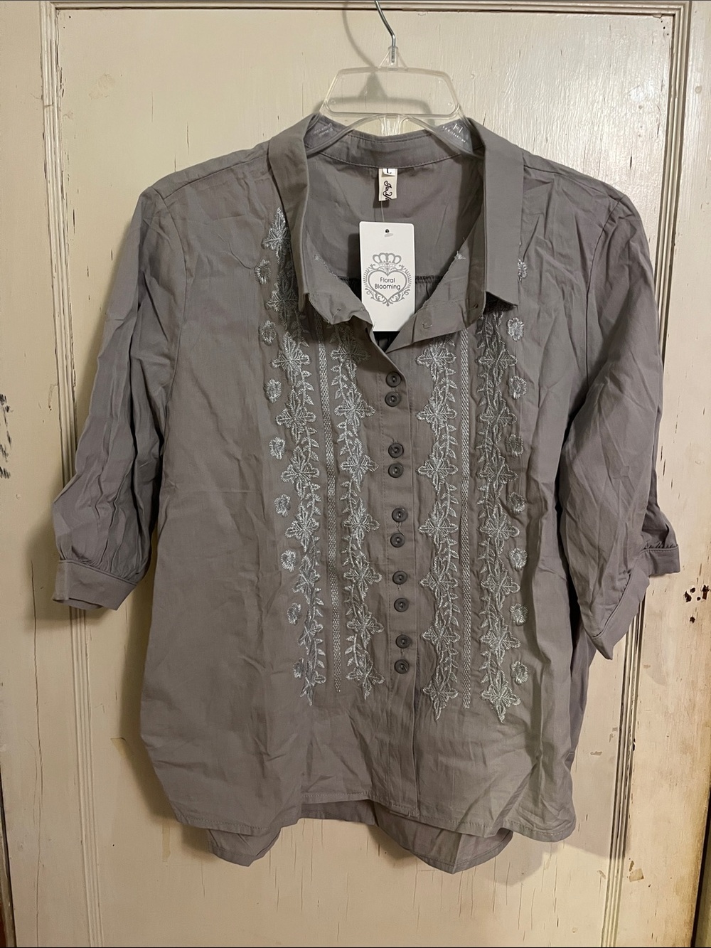 Women’s Gray Cotton Button-Down Shirt with Embroidered Front